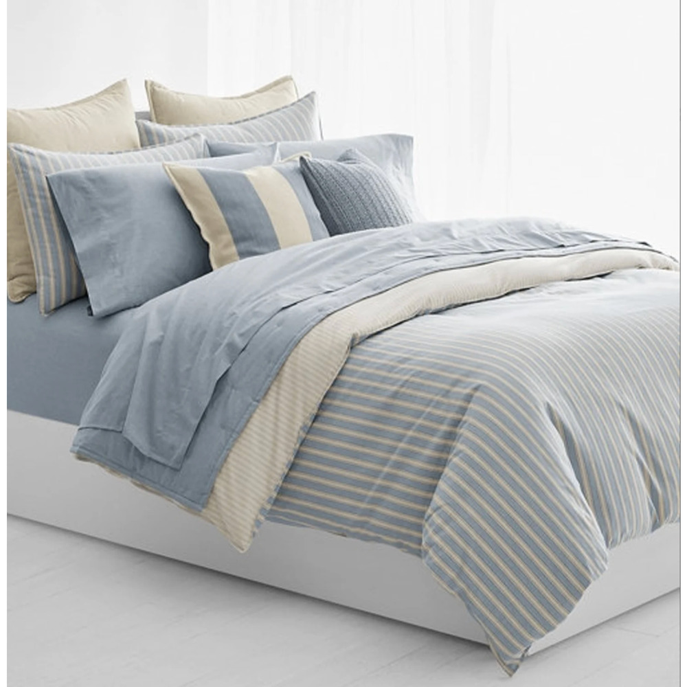 Ralph Lauren Graydon Melange Bold Stripe Full/Queen Duvet Dune Chambray NIP